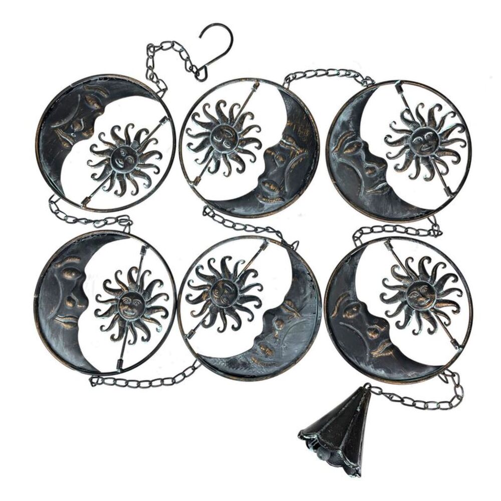 80-Inch Metal Rain Chain - 6 Celestial Crescent Moon & Suns, Verdigris Finish